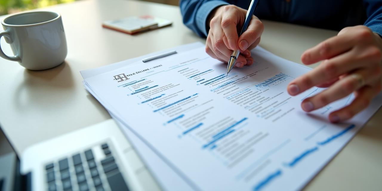 Un professionista che analizza con attenzione un curriculum su una scrivania ordinata